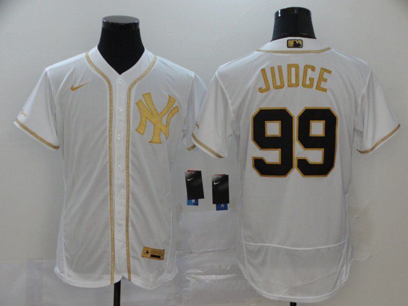 Men New York Yankees #99 Juoge White Retro gold character Nike MLB Jerseys